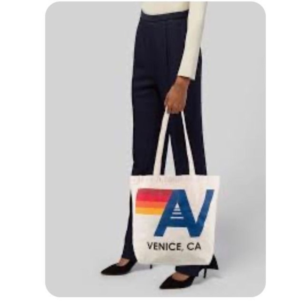 Aviator Nation Venice CA Canvas Logo Tote Bag Cream Rainbow Stripe Large (A) - Picture 6 of 11